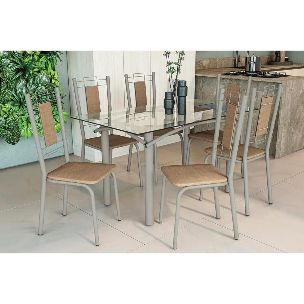 Conjunto: Mesa Sala Jantar Elba c/ Tampo de Vidro 150cm e 6 Cadeiras Florença Niquel - Courano Capuccino - Kappesberg
