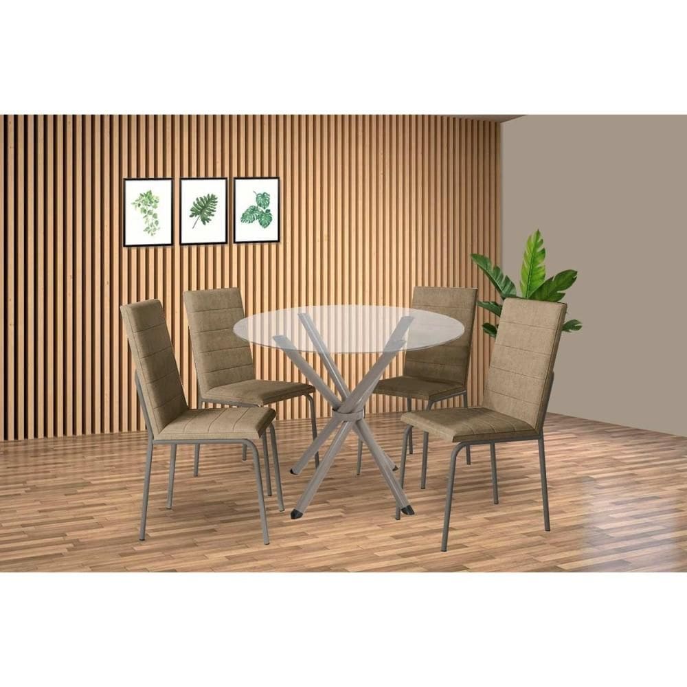 Conjunto: Mesa de Cozinha Volga c/ Tampo de Vidro 95cm e 4 Cadeiras Amsterdã Niquel - Courano Capuccino - Kappesberg
