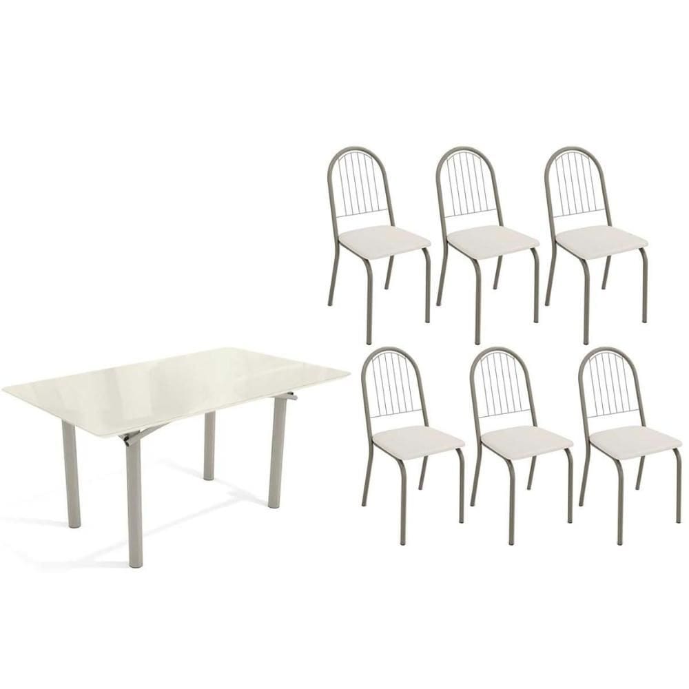 Conjunto: Mesa Sala Jantar Elba Tampo Madeirado c/ Vidro 160cm e 6 Cadeiras Noruega Niquel/Off White - Courano Branco - Kappesberg
