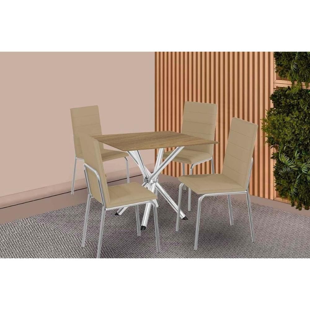Conjunto: Mesa de Cozinha Volga c/ Tampo de Madeira 90cm e 4 Cadeiras Amsterdã Cromado/Nogueira - Capuccino - Kappesberg