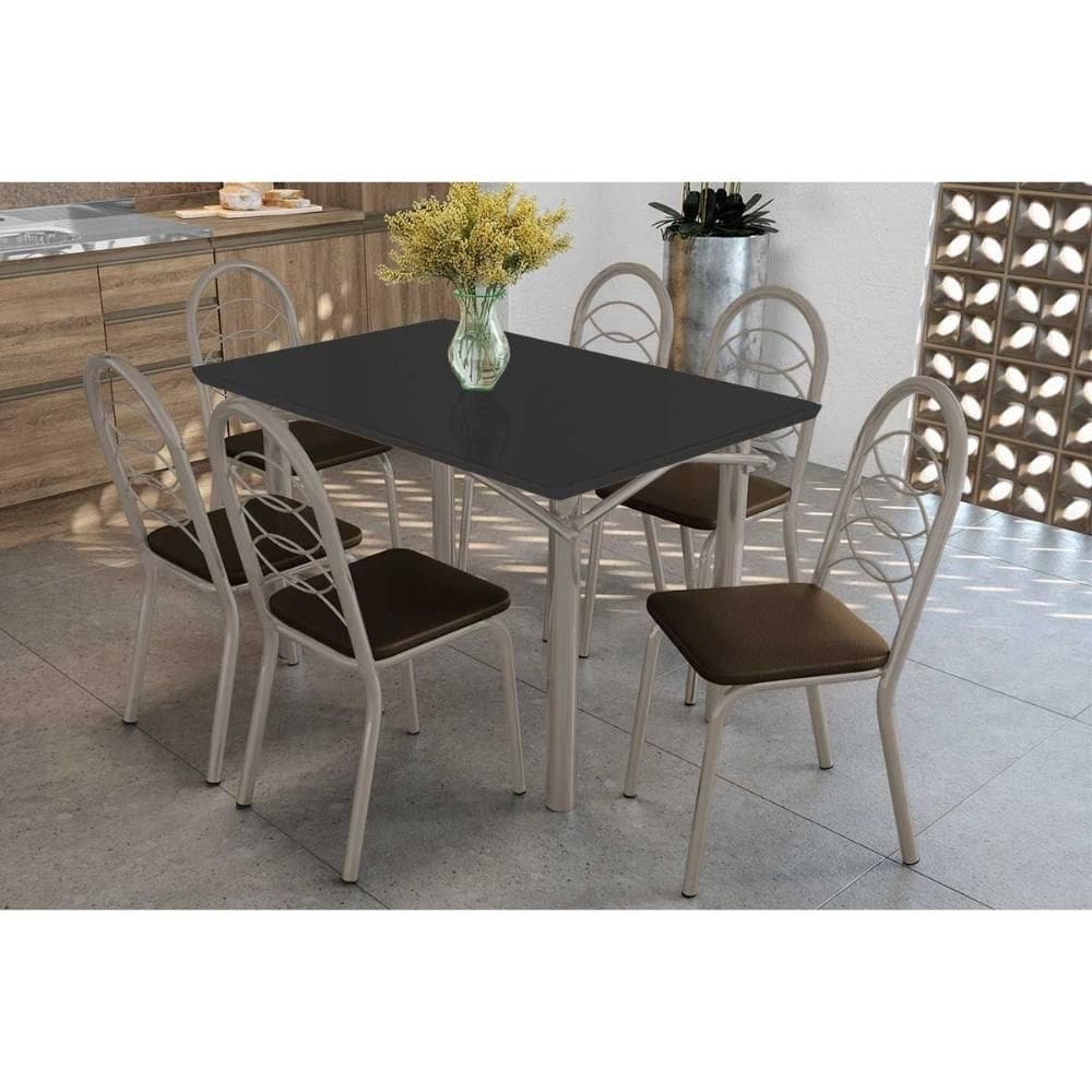 Conjunto: Mesa Sala Jantar Elba Tampo Madeirado c/ Vidro 120cm e 6 Cadeiras Holanda Niquel/Preto - Courano Marrom - Kappesberg