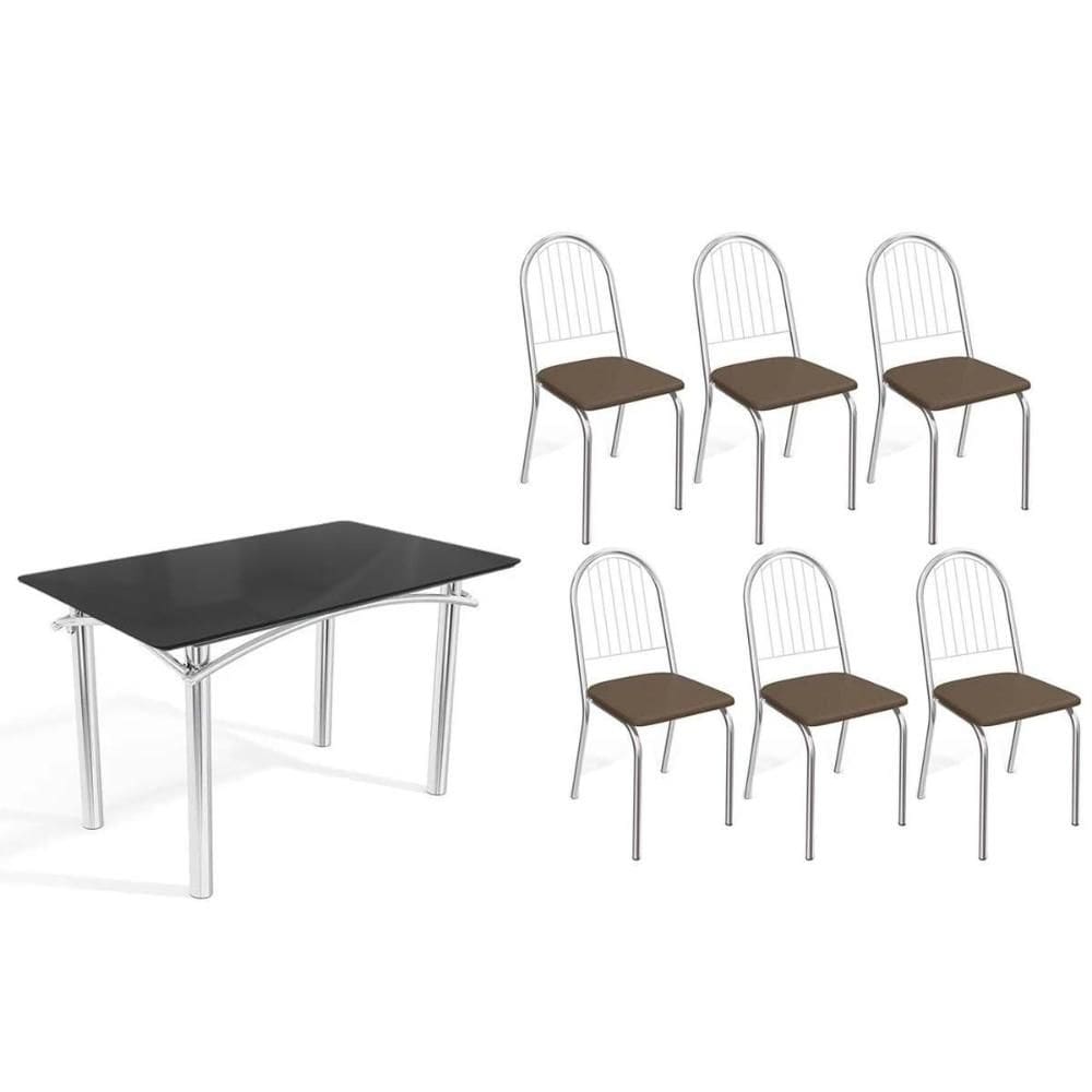 Conjunto: Mesa Sala Jantar Elba Tampo Madeirado c/ Vidro 120cm e 6 Cadeiras Noruega Cromada/Preto - Courano Marrom - Kappesberg