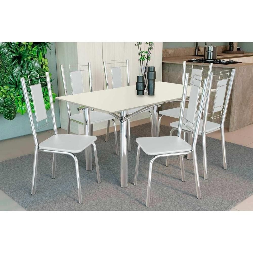 Conjunto: Mesa Sala Jantar Elba Tampo Madeirado c/ Vidro 160cm e 6 Cadeiras Florença Cromada/Off White - Courano Branco - Kappesberg