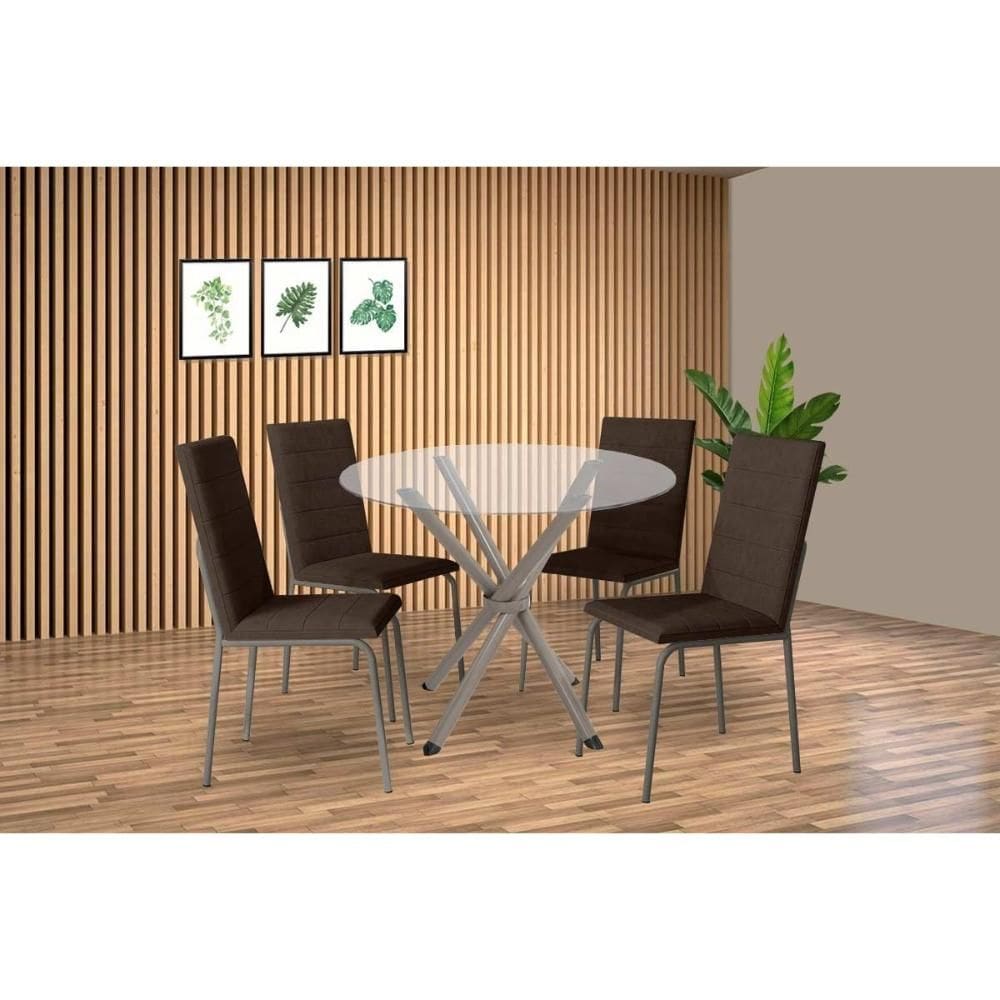 Conjunto: Mesa Sala Jantar Volga c/ Tampo de Vidro 95cm e 4 Cadeiras Amsterdã Niquel - Courano Marrom - Kappesberg