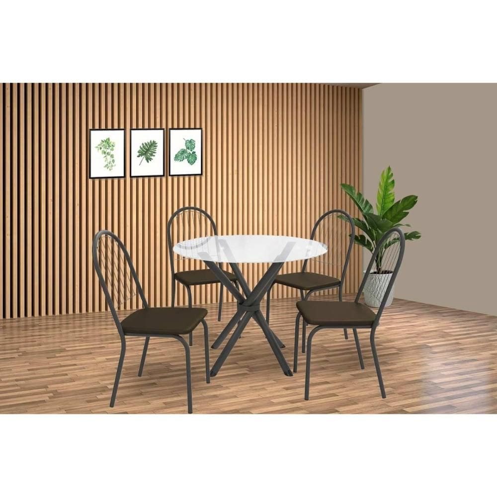 Conjunto: Mesa de Cozinha Volga c/ Tampo de Vidro 95cm e 4 Cadeiras Noruega Preto - Marrom - Kappesberg
