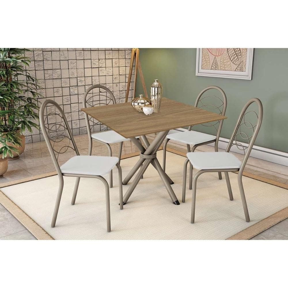 Conjunto: Mesa de Cozinha Volga c/ Tampo de Madeira 90cm e 4 Cadeiras Holanda Niquel/Nogueira - Branco - Kappesberg