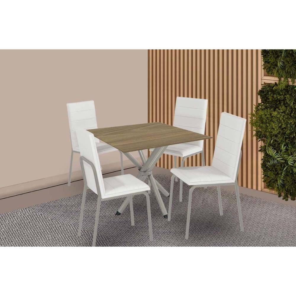 Conjunto: Mesa Sala Jantar Volga c/ Tampo de Madeira 90cm e 4 Cadeiras Amsterdã Niquel - Branco - Kappesberg