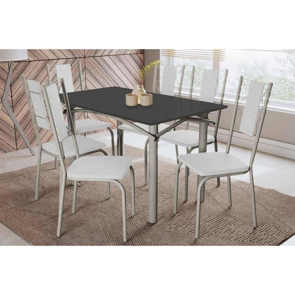 Conjunto: Mesa de Cozinha Elba Tampo Madeirado c/ Vidro 120cm e 6 Cadeiras Lisboa Niquel/Preto - Courano Branco - Kappesberg