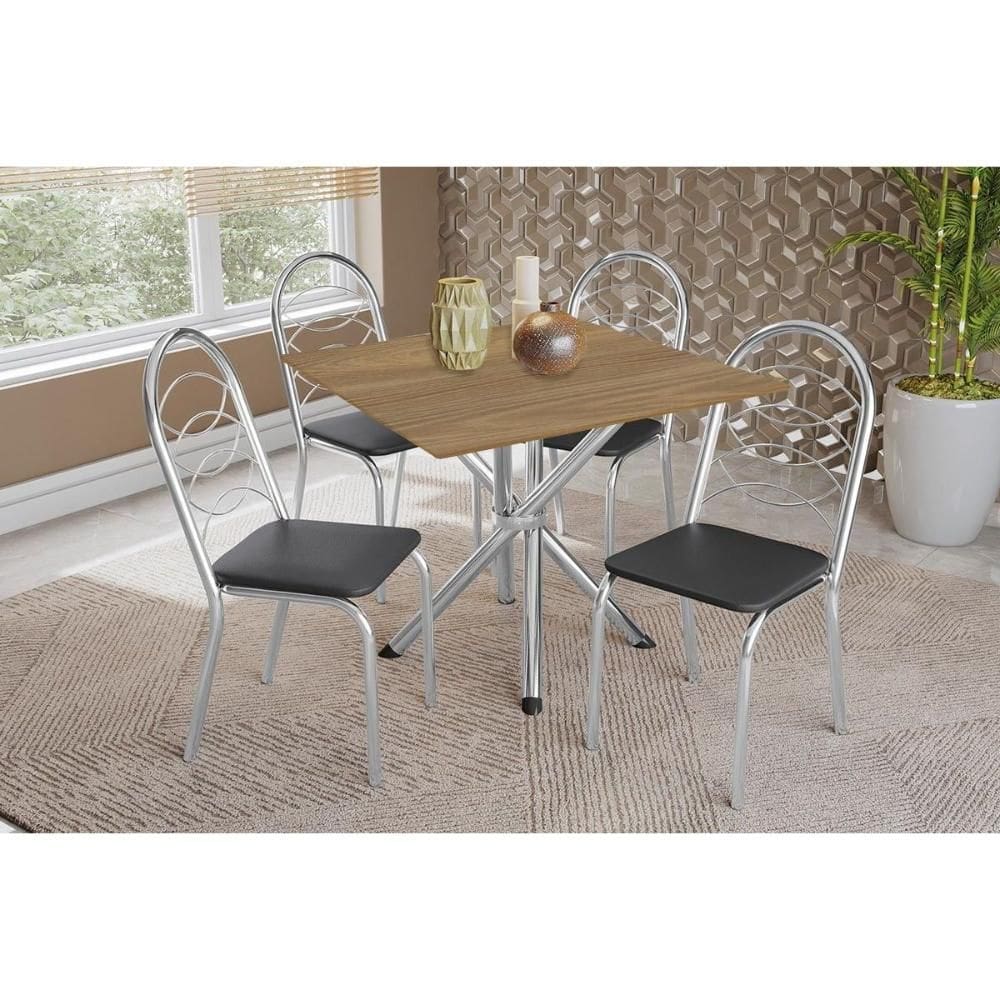 Conjunto: Mesa de Cozinha Volga c/ Tampo de Madeira 90cm e 4 Cadeiras Holanda Cromado/Nogueira - Preto - Kappesberg