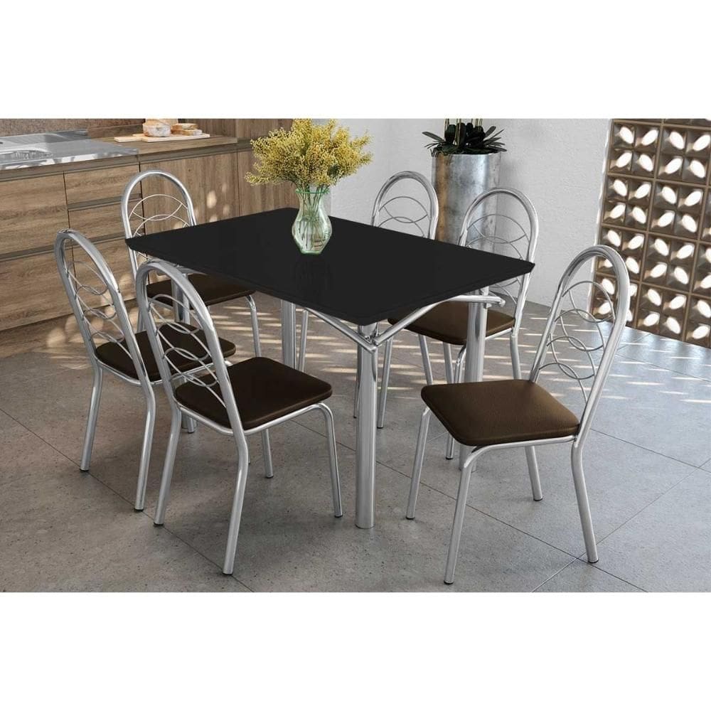 Conjunto: Mesa Sala Jantar Elba Tampo Madeirado c/ Vidro 120cm e 6 Cadeiras Holanda Cromada/Preto - Courano Marrom - Kappesberg