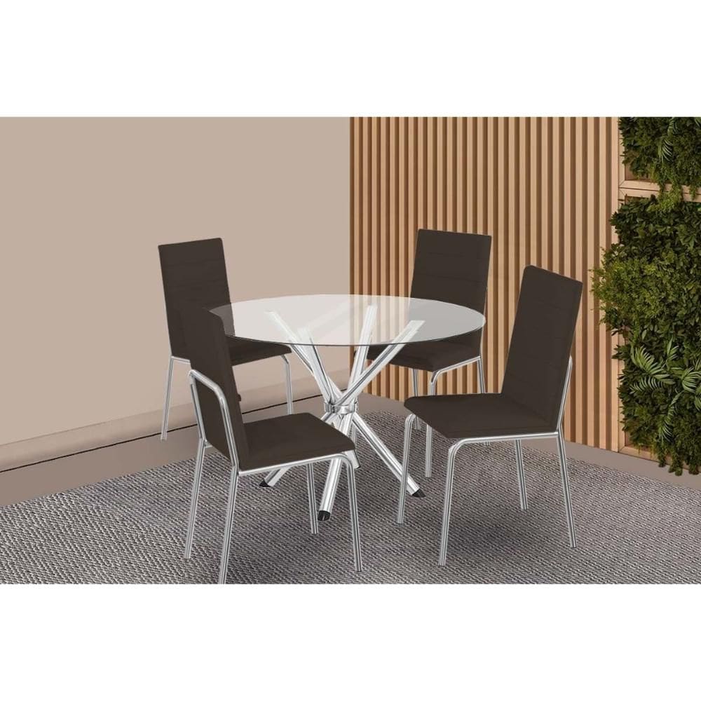 Conjunto: Mesa de Cozinha Volga c/ Tampo de Vidro 95cm e 4 Cadeiras Amsterdã Cromada - Courano Marrom - Kappesberg