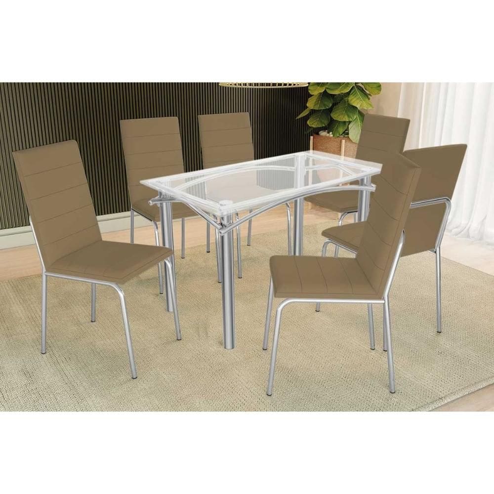 Conjunto: Mesa de Cozinha Elba c/ Tampo de Vidro 120cm e 6 Cadeiras Amsterdã Cromada - Courano Capuccino - Kappesberg