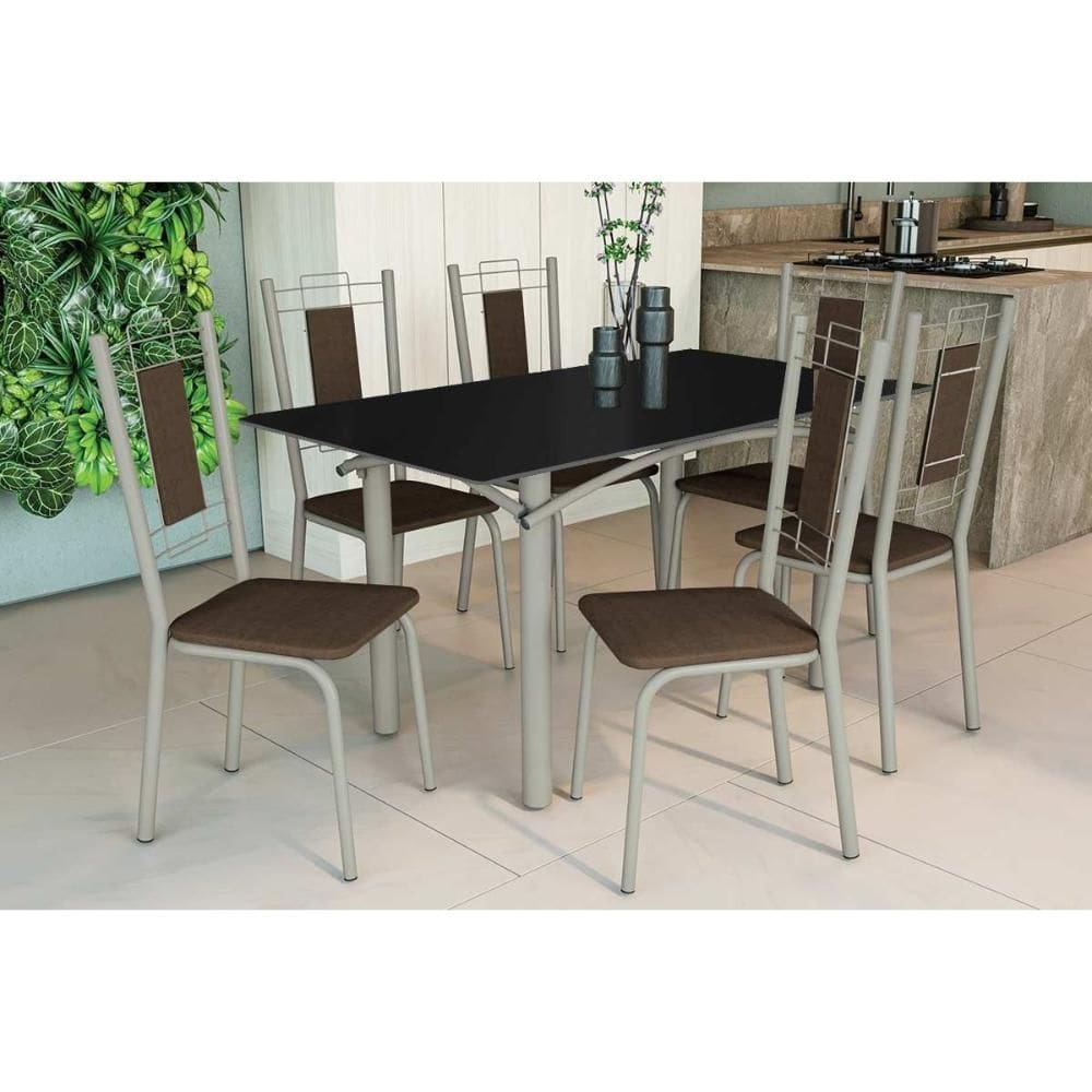Conjunto: Mesa Sala Jantar Elba Tampo Madeirado c/ Vidro 160cm e 6 Cadeiras Florença Niquel/Preto - Courano Marrom - Kappesberg