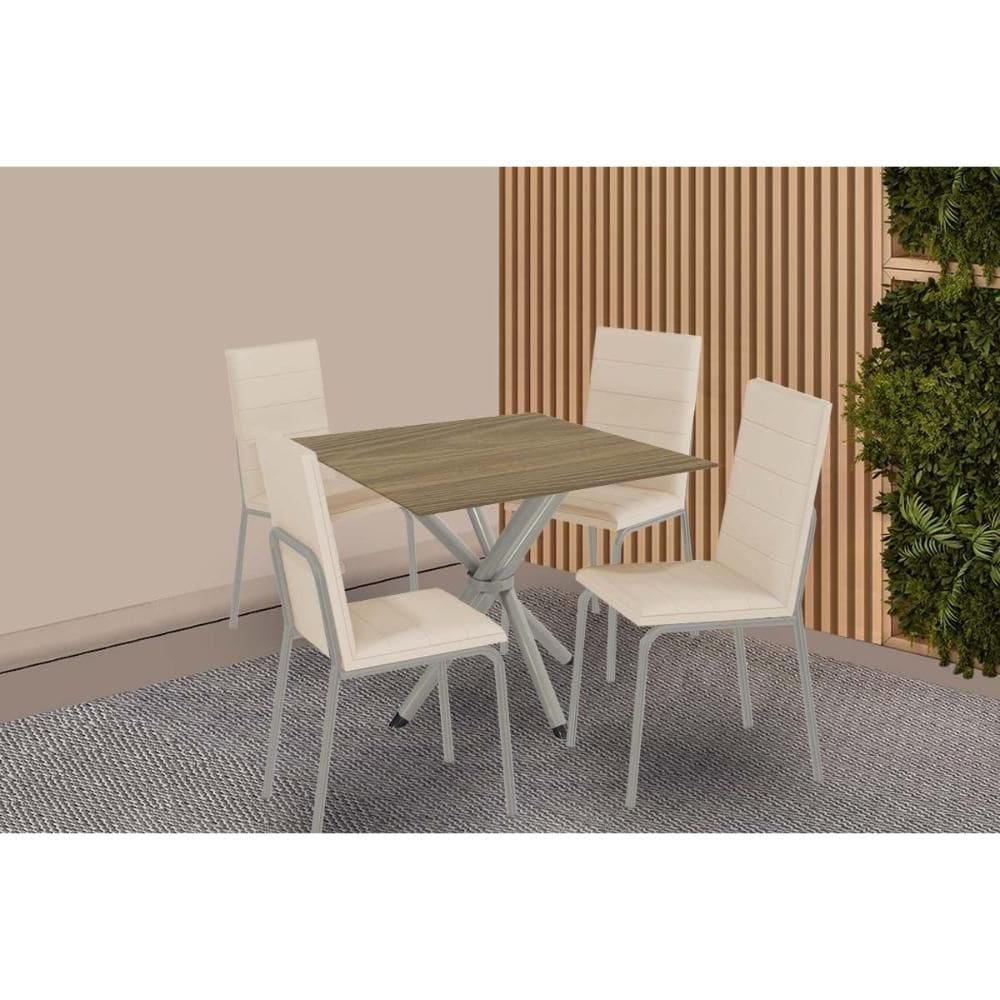 Conjunto: Mesa Sala Jantar Volga c/ Tampo de Madeira 90cm e 4 Cadeiras Amsterdã Niquel - Bege - Kappesberg