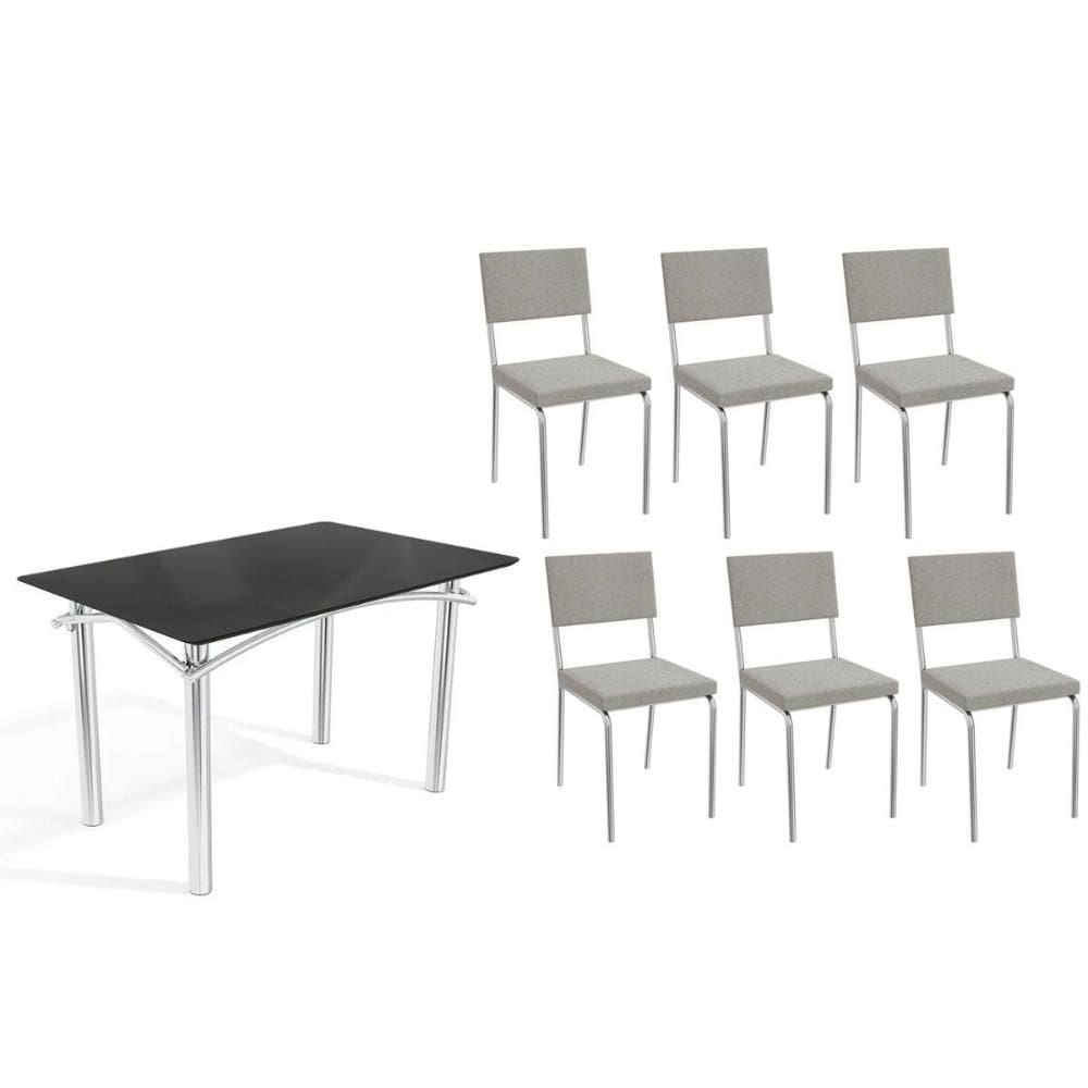 Conjunto: Mesa de Cozinha Elba Tampo Madeirado c/ Vidro 120cm e 6 Cadeiras Zaria Cromada/Preto - Boucle Cinza - Kappesberg
