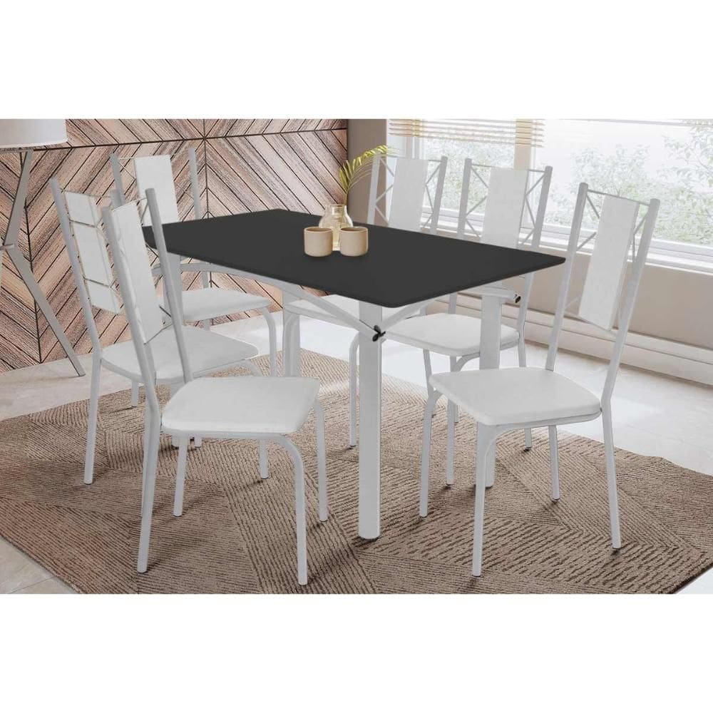 Conjunto: Mesa de Cozinha Elba Tampo Madeirado c/ Vidro 160cm e 6 Cadeiras Lisboa Cromada/Preto - Courano Branco - Kappesberg