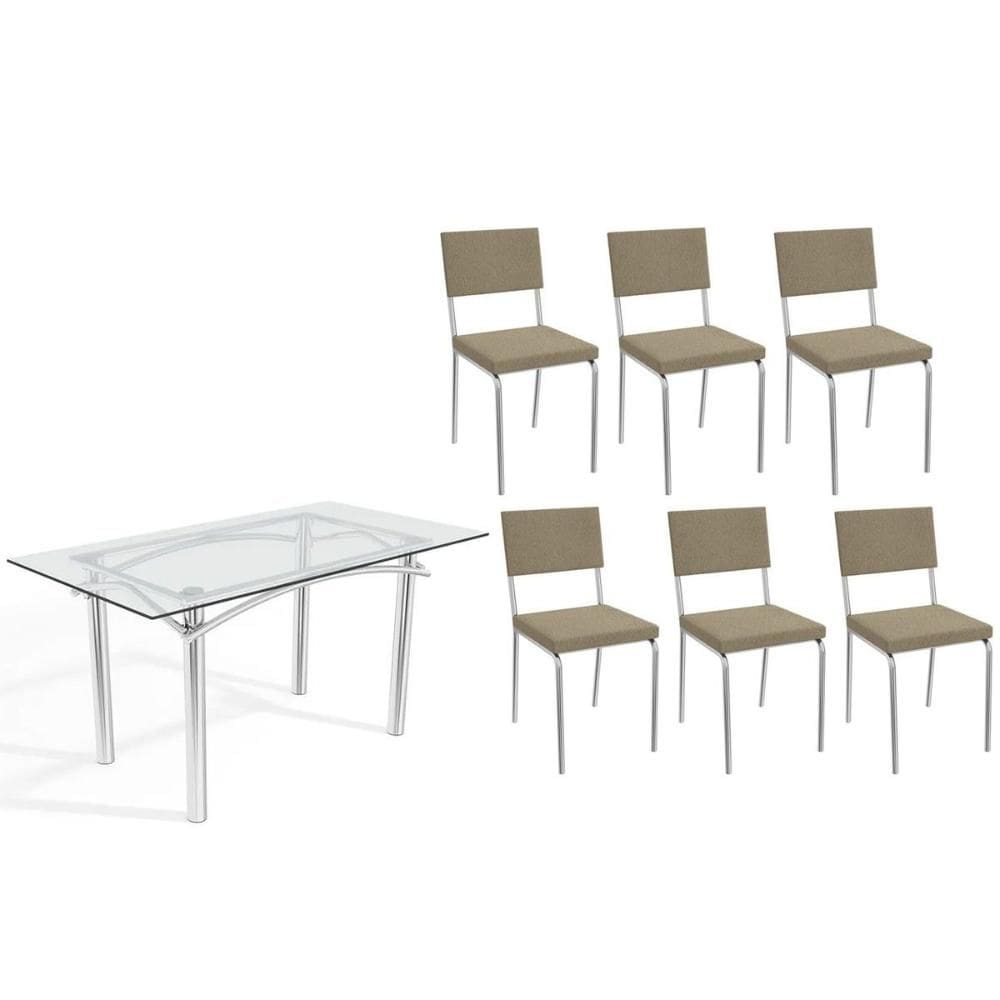 Conjunto: Mesa de Cozinha Elba c/ Tampo de Vidro 150cm e 6 Cadeiras Zaria Cromada - Boucle Bege - Kappesberg