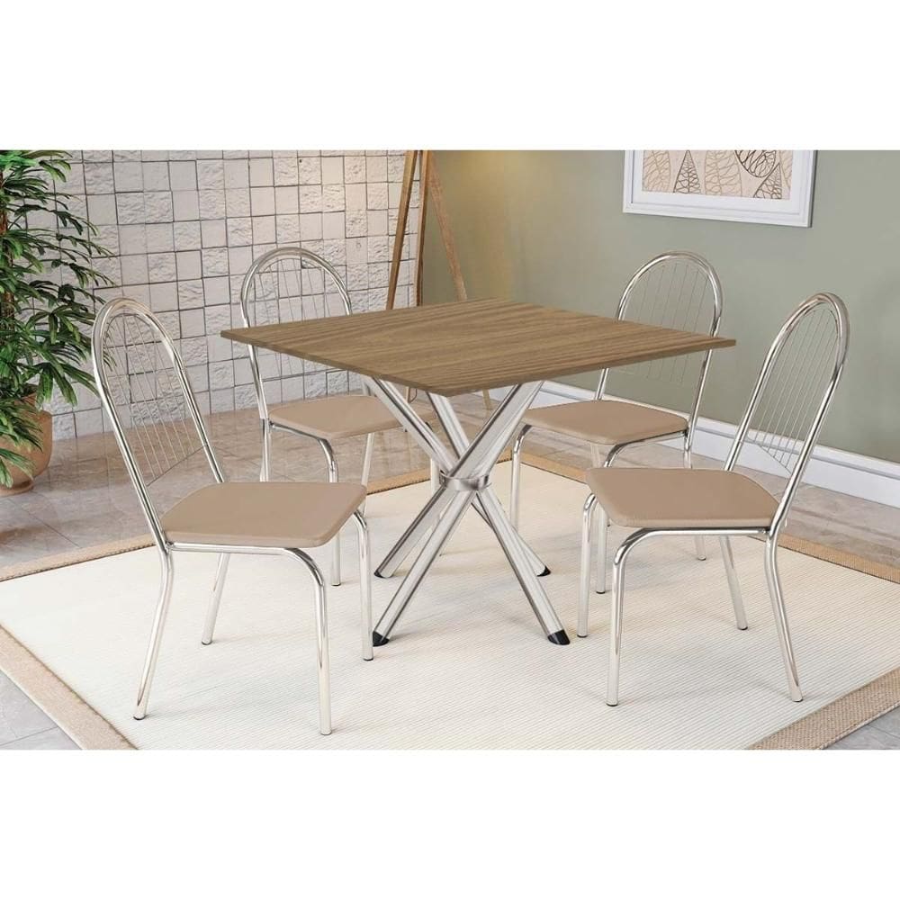 Conjunto: Mesa de Cozinha Volga c/ Tampo de Madeira 90cm e 4 Cadeiras Noruega Cromado/Nogueira - Bege - Kappesberg