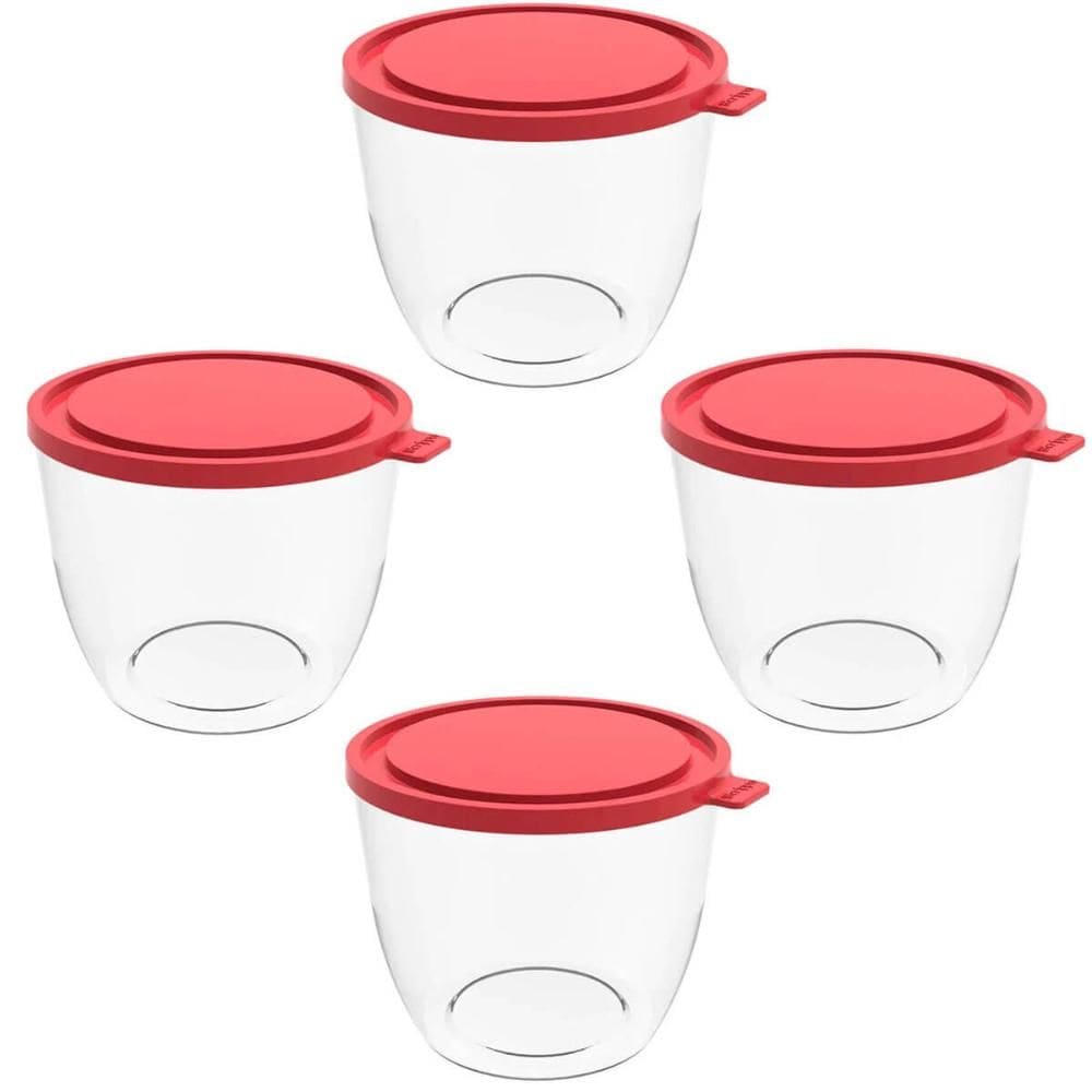 4 Potes com Tampa 1,9L Redondo Crippa Transparente e Vermelho Bacia Alimentos Frutas