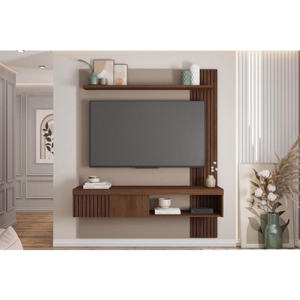 Painel Quarto p/ TV até 65 Pol Jade Ripada 150x183cm Fendi/Havana - Caemmun