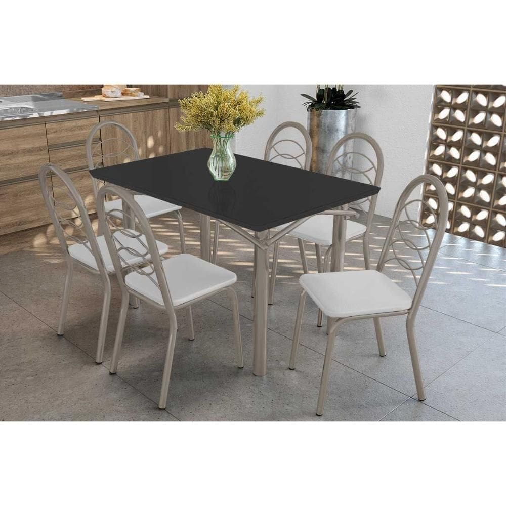 Conjunto: Mesa de Cozinha Elba Tampo Madeirado c/ Vidro 120cm e 6 Cadeiras Holanda Niquel/Preto - Courano Branco - Kappesberg