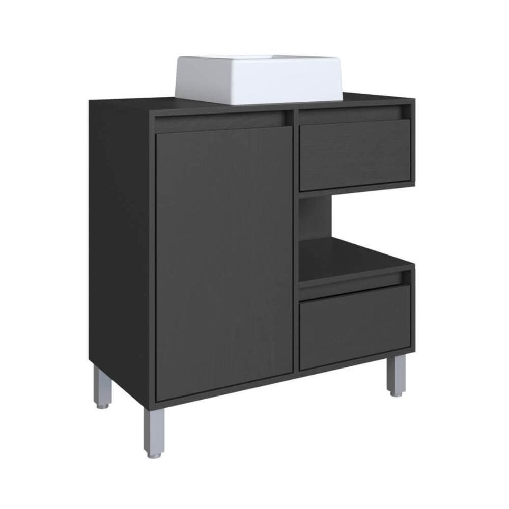 Gabinete Banheiro 80cm Paula Grafite com Cuba Branca Gavetas 1 Porta e 1 Nicho