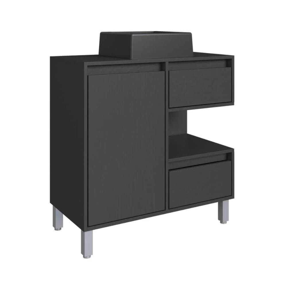 Gabinete Banheiro 80cm Paula Grafite com Cuba Preta Gavetas 1 Porta e 1 Nicho