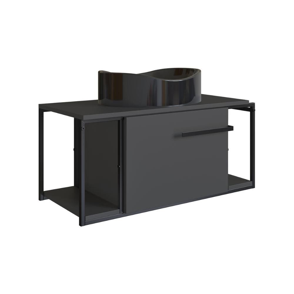 Gabinete Suspenso Para Banheiro 80cm P1019 Grafite com Cuba Berlin Preta