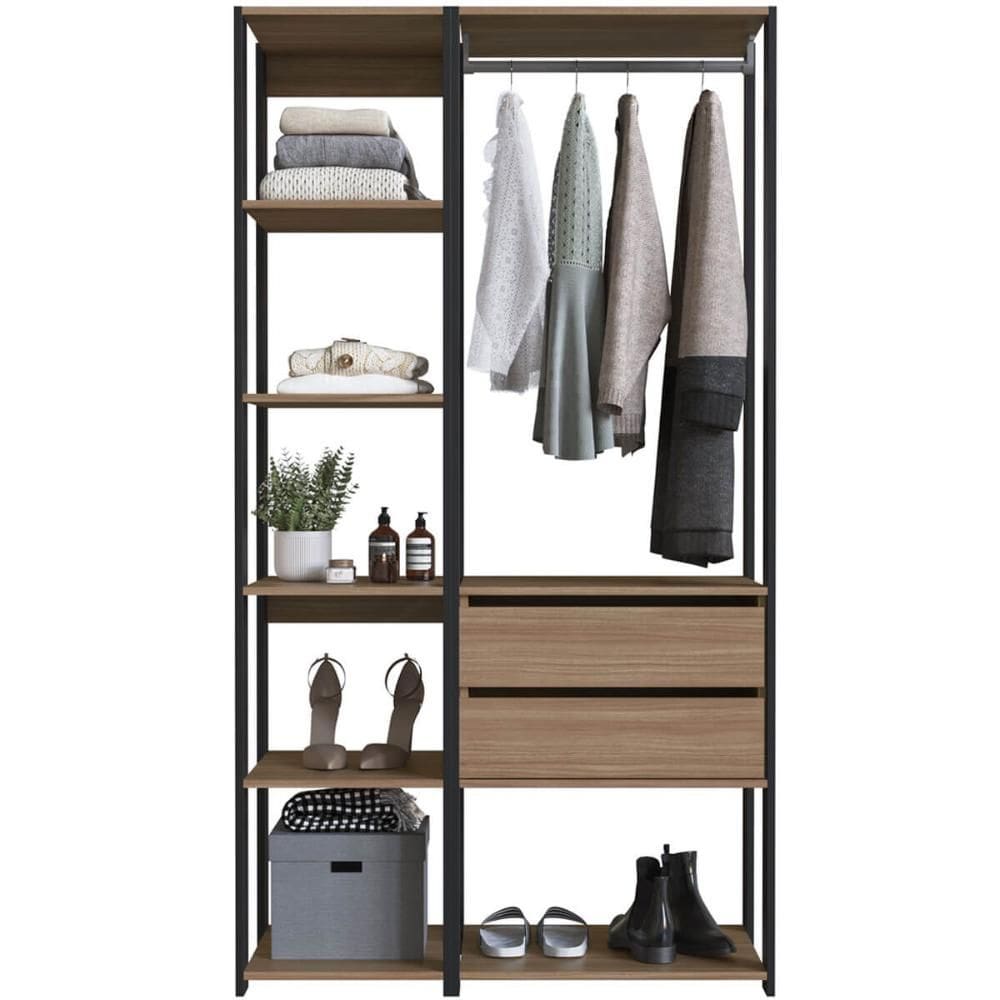 Guarda Roupa Closet 2 Peças Cabideiro Gaveta Preto e Montana com Nicho Módulo Multiuso Easy Prodecor