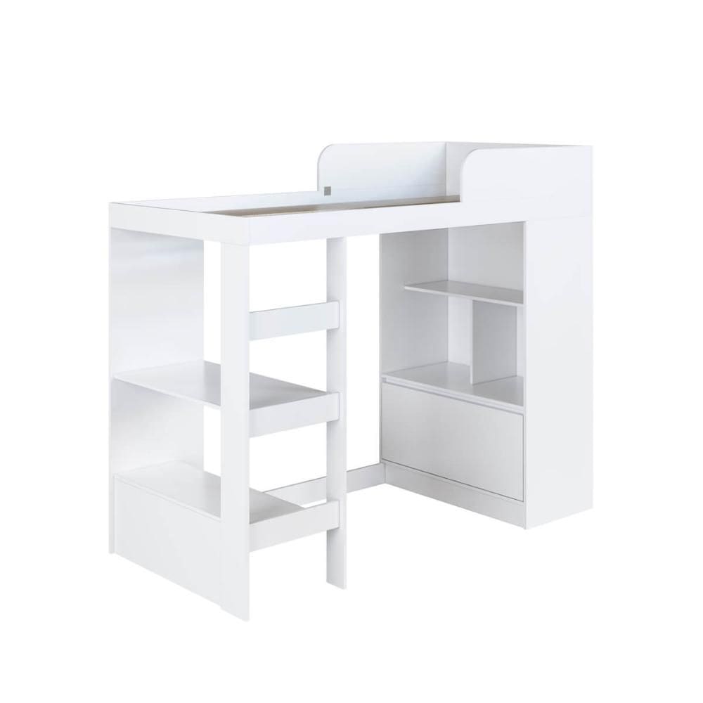 Cama Alta Multifuncional Solteiro Branco com Estante e Escri