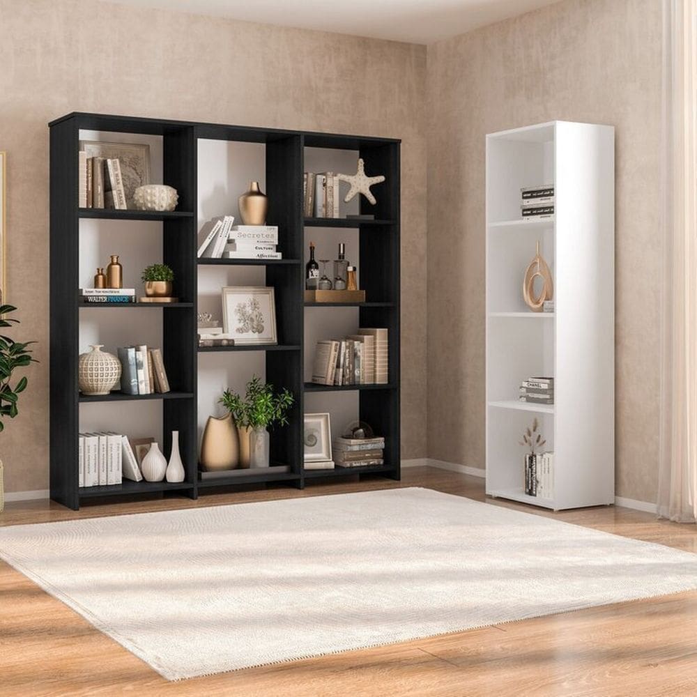 Kit com 1 Estante Livreiro 11 Nichos Odelia e 1 Estante Modular 4 Nichos Calum Preto/Branco