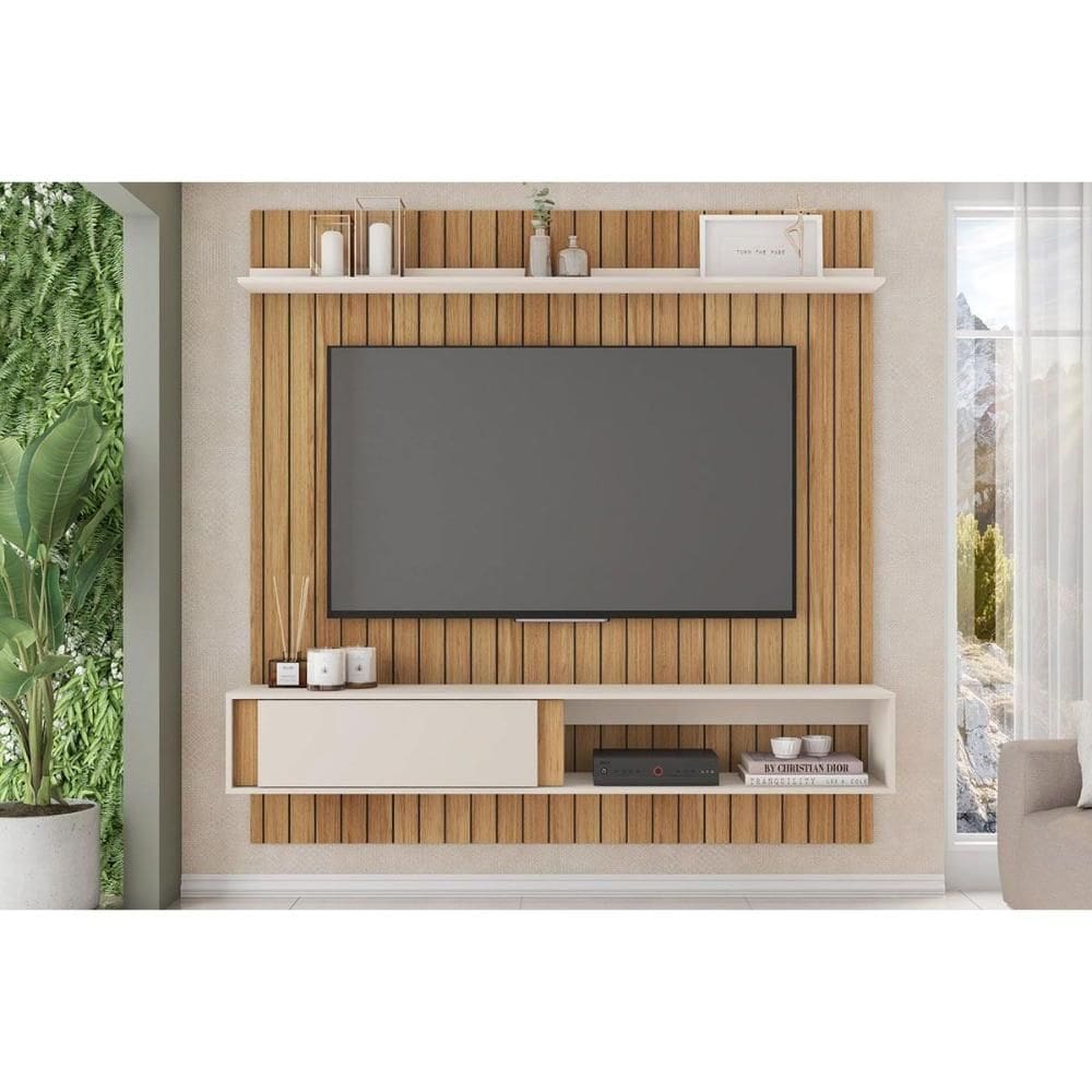 Painel Home p/ TV até 65 Pol Boreal Ripada 180x183cm Buriti/Off White - Caemmun