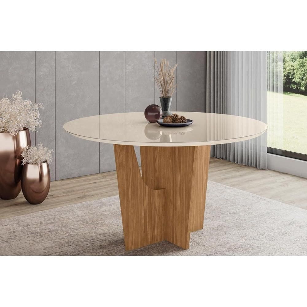 Mesa de Sala Jantar Vértice SC131 c/ Tampo Madeirado c/ Vidro Redondo 140x140cm Nature/Off White - Henn