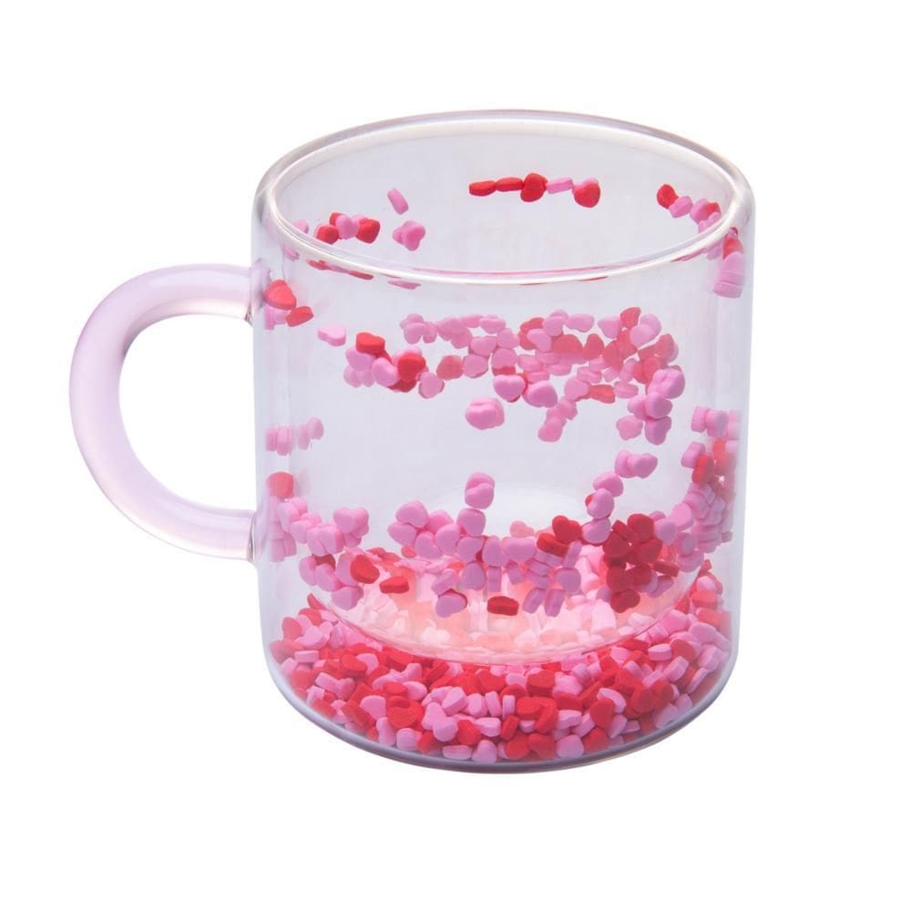 Caneca Parede Dupla de Vidro Borossilicato Rosa Heart 300ml