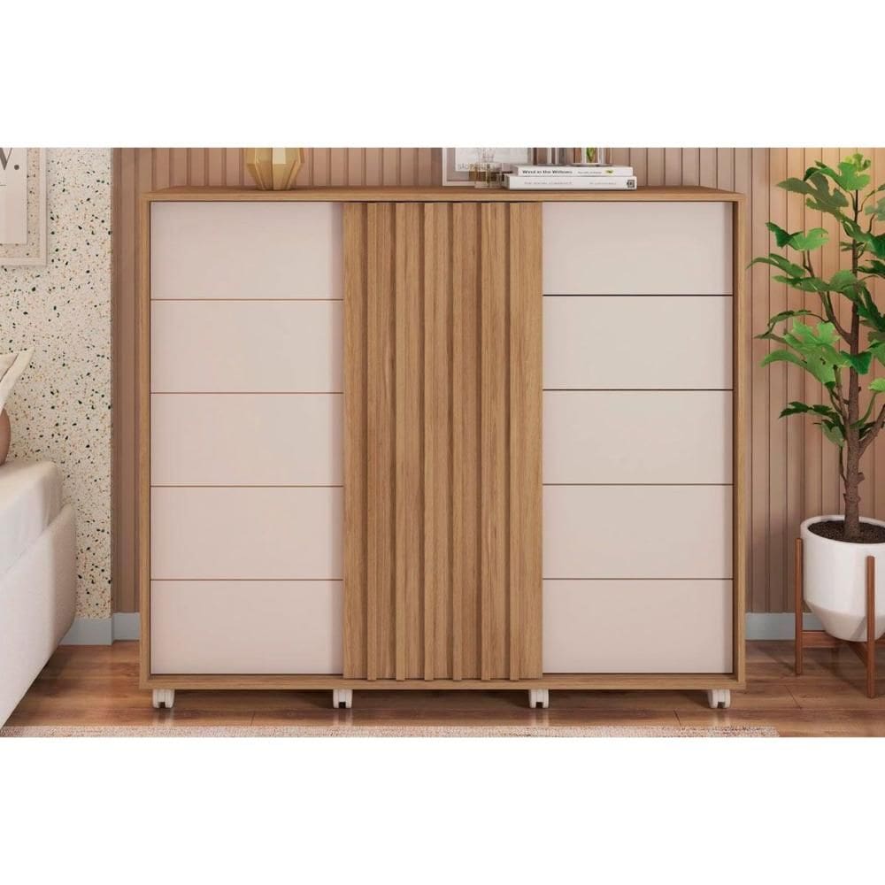 Cômoda de Quarto Pegasus c/ 2 Portas e 5 Gavetas Buriti/Off White - Caemmun