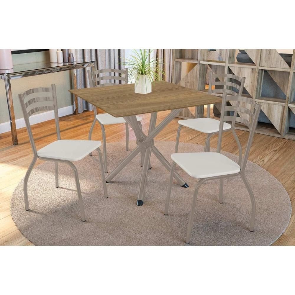 Conjunto: Mesa de Cozinha Volga c/ Tampo de Madeira 90cm e 4 Cadeiras Portugal Niquel/Nogueira - Branco - Kappesberg