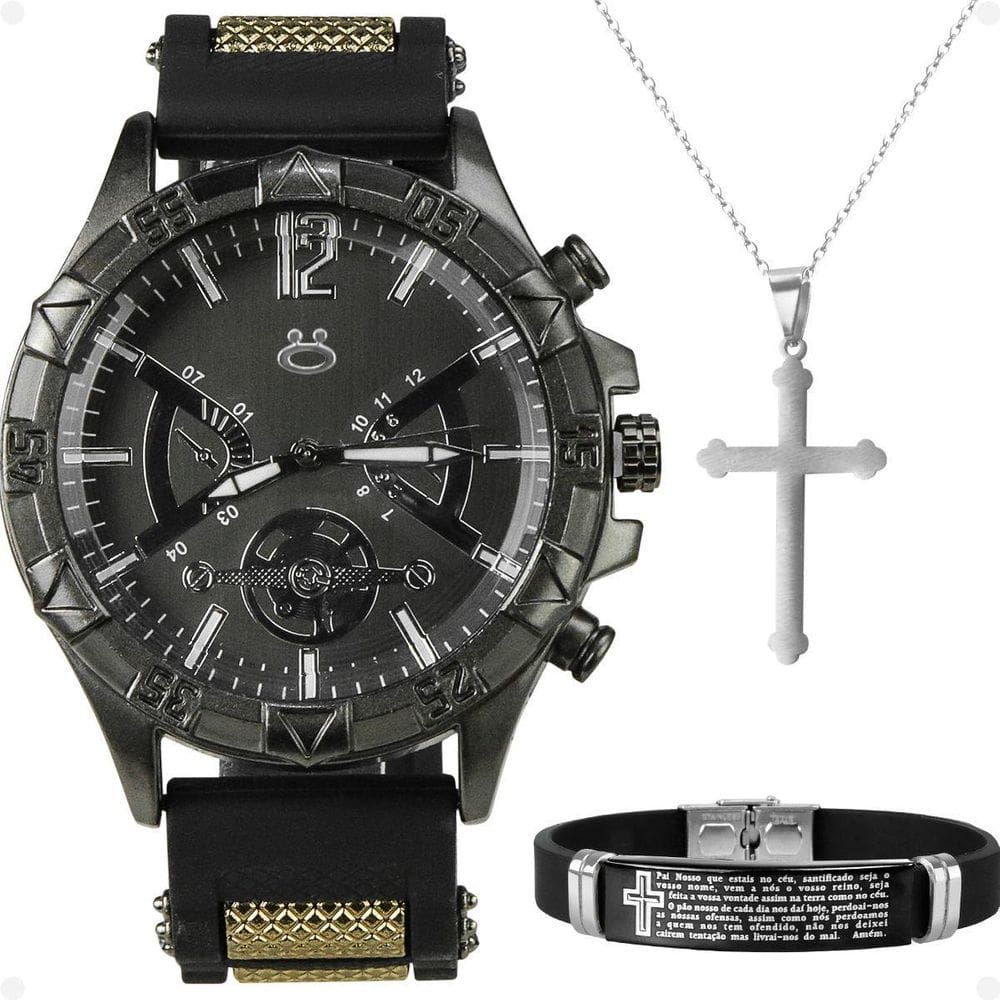 Relogio Masculino Aço Preto + Pulseira Silicone Religioso