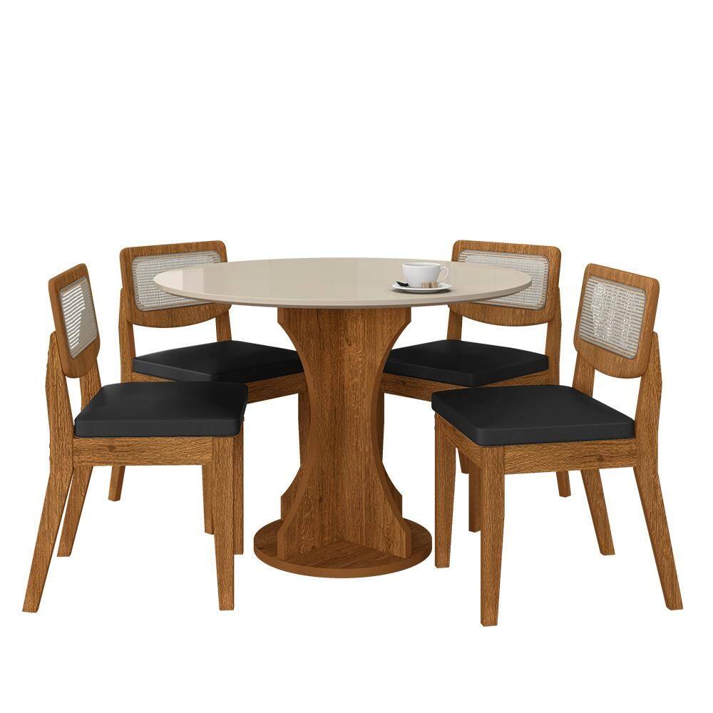 Mesa Linares Com 4 Cadeiras Sextavada Freijó/off/corino Preto - M.a
