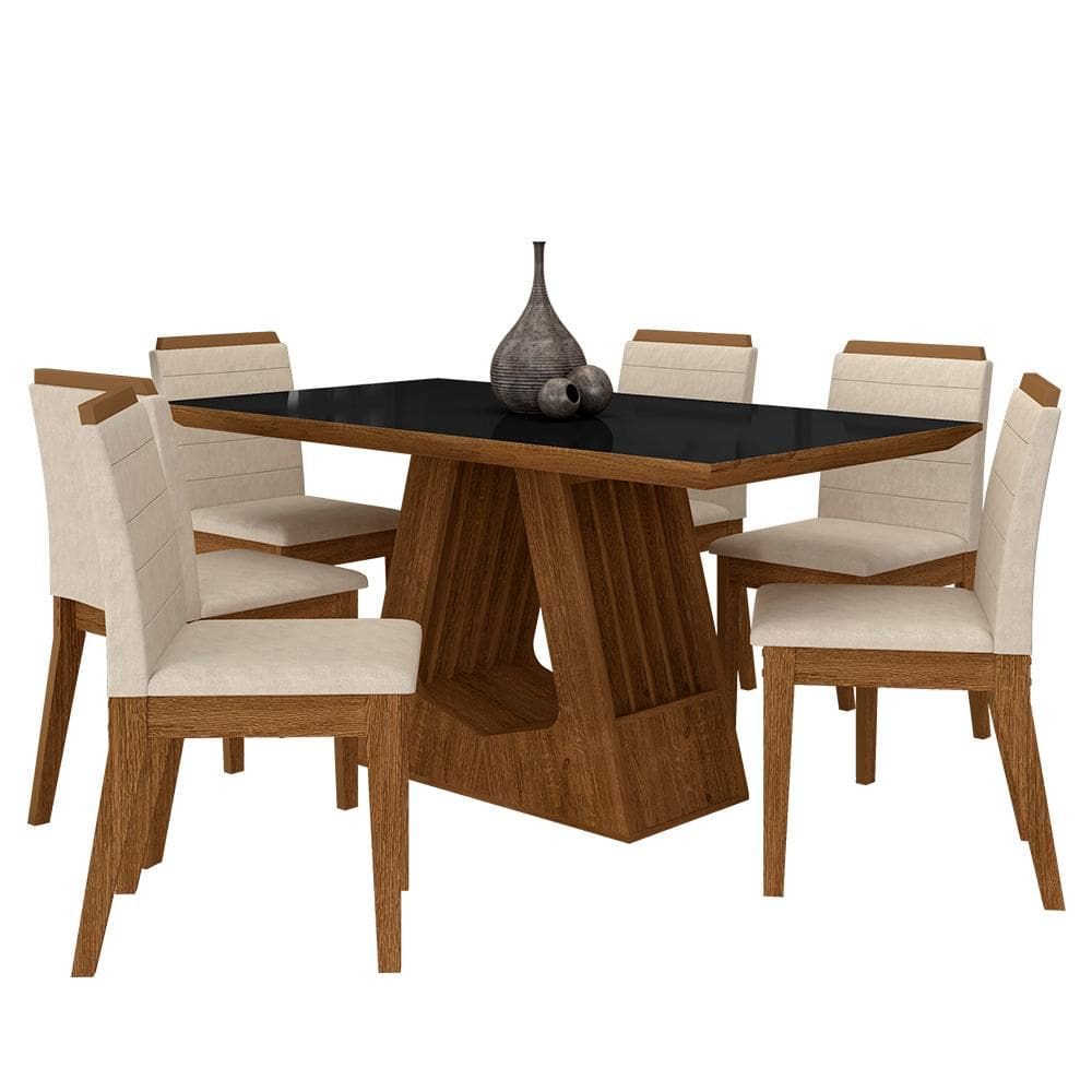 Mesa Málaga 1,6 Com 6 Cadeiras Estofadas Freijó/preto/suede Bege - M.a