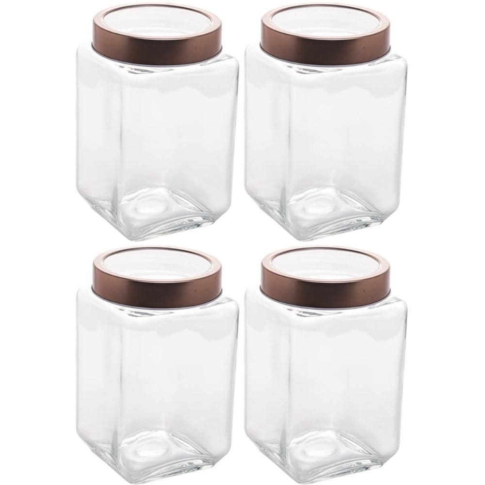Kit 4 Potes Porta Mantimentos de Vidro 1,7L Tampa Metal Rose Gold Lyor Gastro