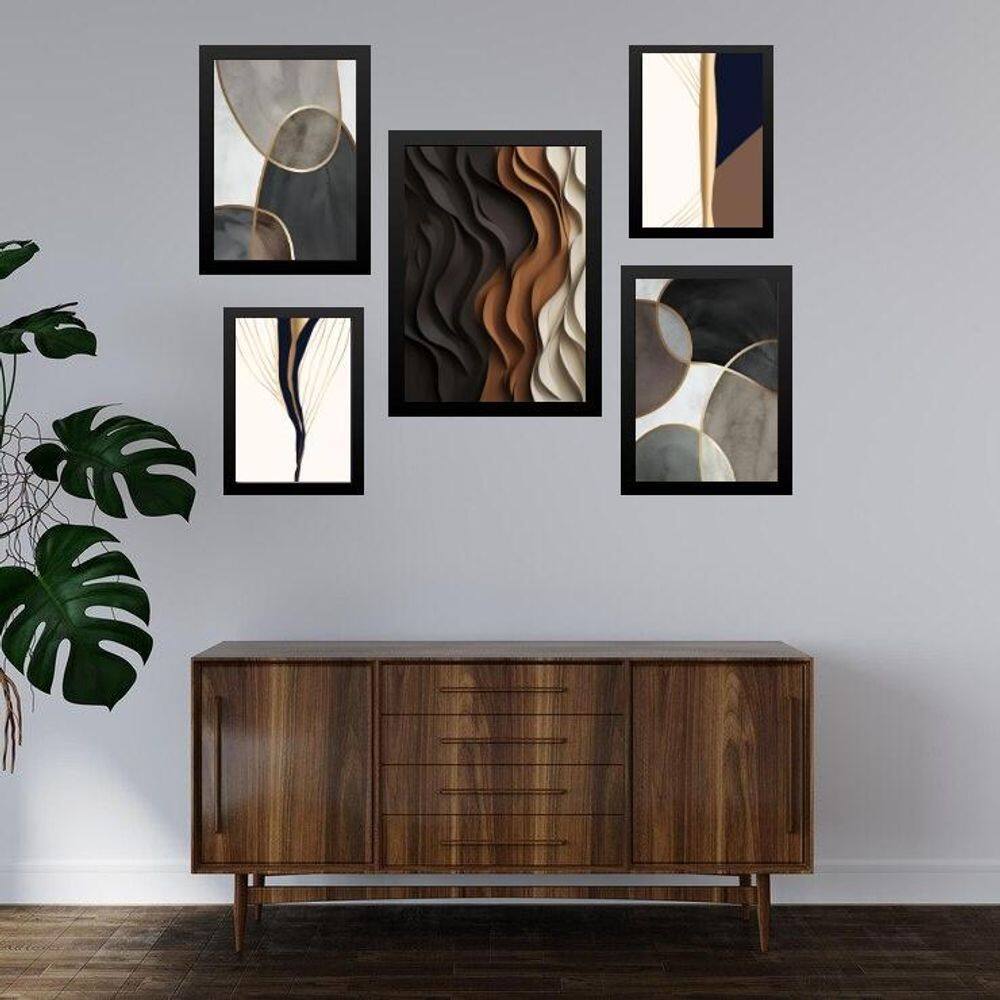 Composição 5 Quadros Decoração Moderna Abstrata Sala