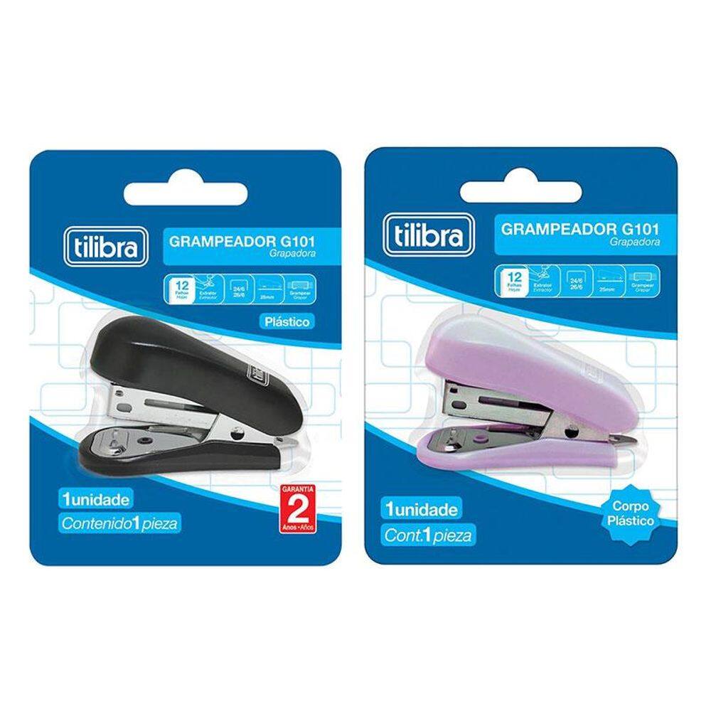 Mini Grampeador G101 com Extrator 12 Folhas Preto e Lilás - Tilibra