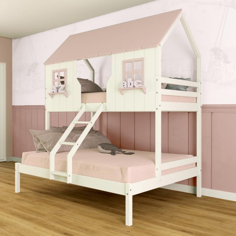 Beliche Casal/ Solteiro Casinha Encantada Madeira Maciça Branco/ Rosa Megamobilia