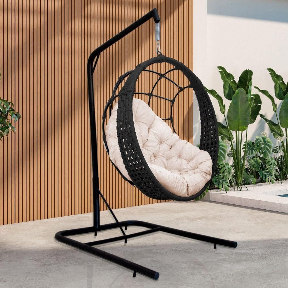 Cadeira Balanço Ninho Suspenso Em Corda Náutica Luxo Com Suporte Preto-branco