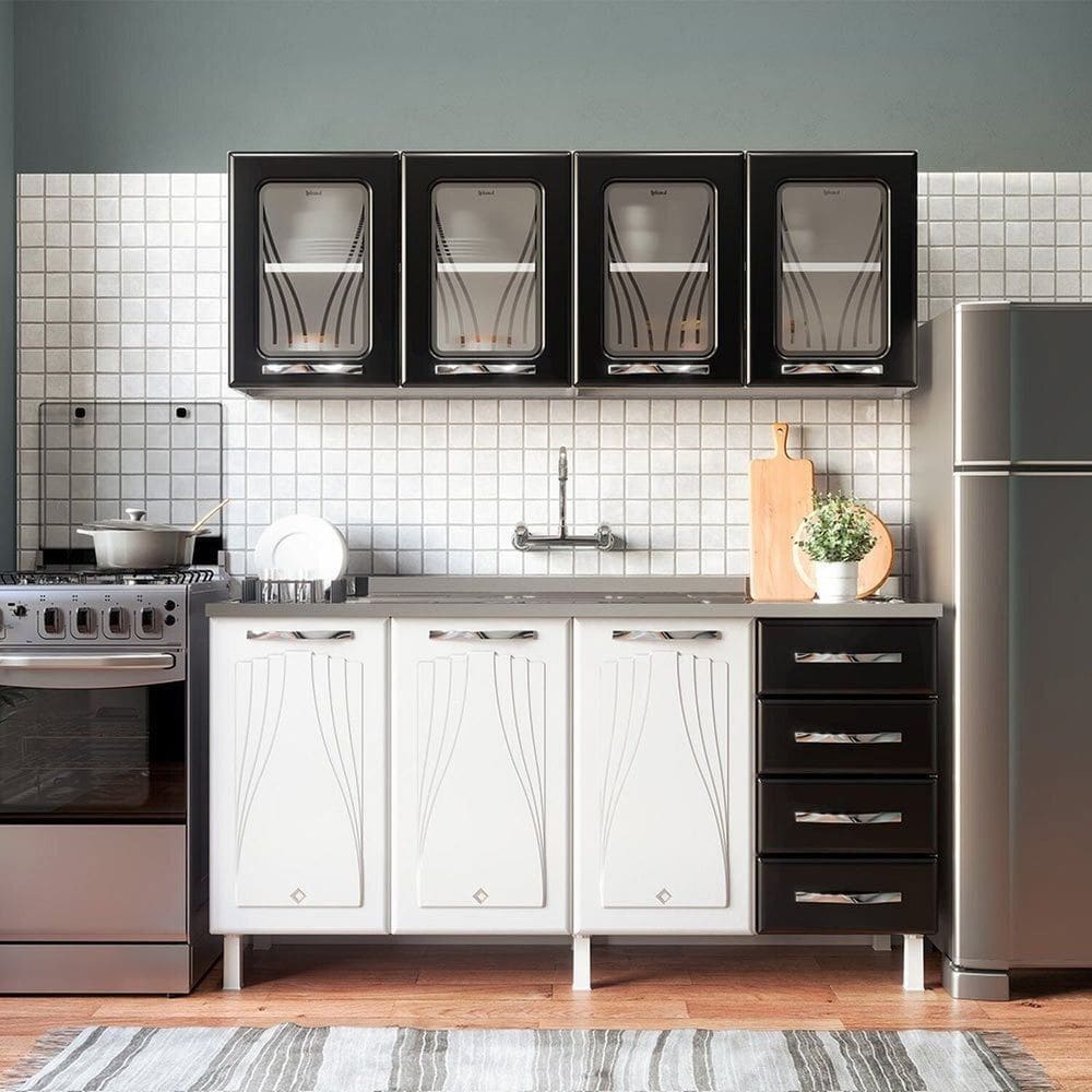 Armário de Cozinha de Aço 2 Peças com Vidro e Balcão para Pia Star New Branco/Preto