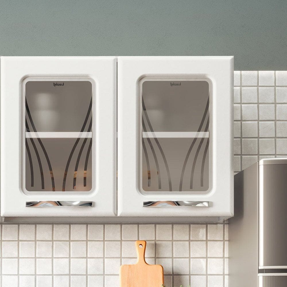 Armário de Cozinha de Aço Aéreo Duplo com Vidro Star Branco