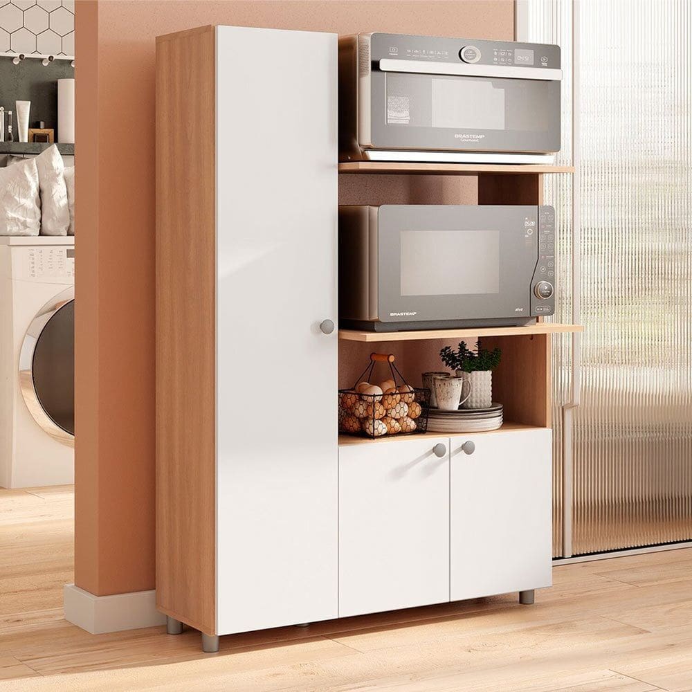 Armário Balcão para Forno e Micro-ondas 3 Portas Âmbar Freijó/Branco