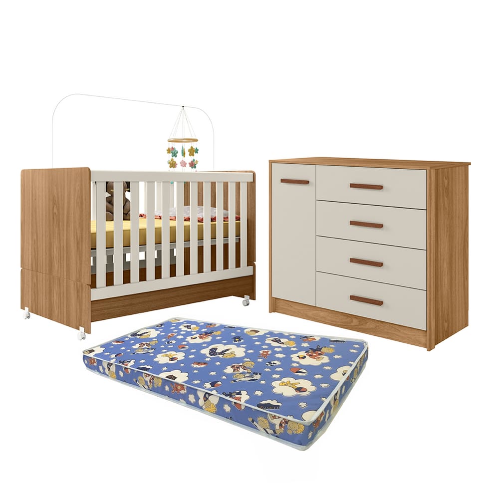Kit Berço com Colchão Ortobom + Cômoda Pérola Nature Off White D18 - Peternella
