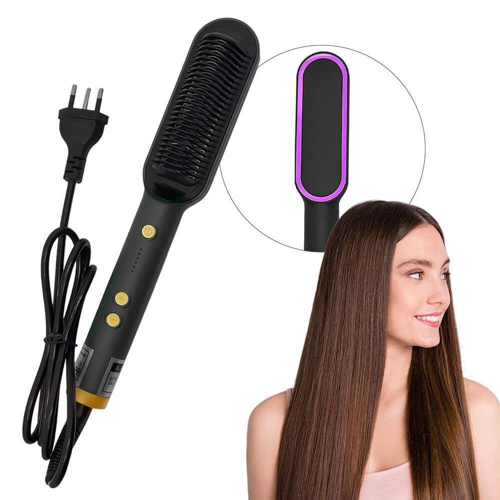 Escova Alisadora Bivolt com Aquecimento Rápido e Temperatura Ajustável de 130°C a 200°C para Todos os Tipos de Cabelo - Preto