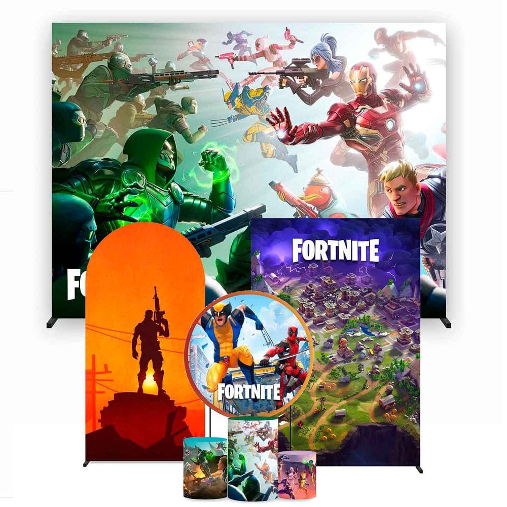 Super Kit de Painéis de Festa Fortnite Painel Redondo 1,80 e Retangular Várias Medidas - Fera Print